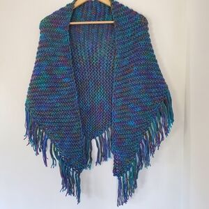 Handmade Triangle Shawl Fringe Teal Blue Purple Green Acrylic Knit Granny Cabin